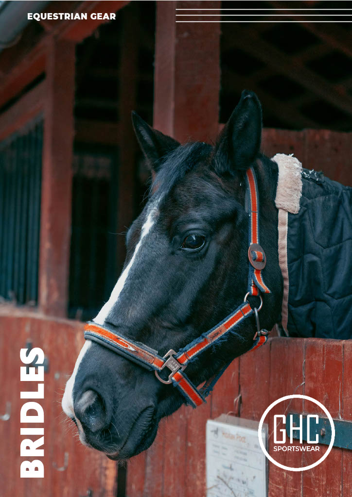 A stable-side view of a horse wearing a custom GHC Sportswear® bridle, featuring a durable design with reinforced stitching and metal fittings. The image background shows a wooden stable, while the text reads “EQUESTRIAN GEAR” and “BRIDLES.” The photo promotes OEM and wholesale bridle manufacturing for equestrian equipment suppliers, importers, and private label brands.