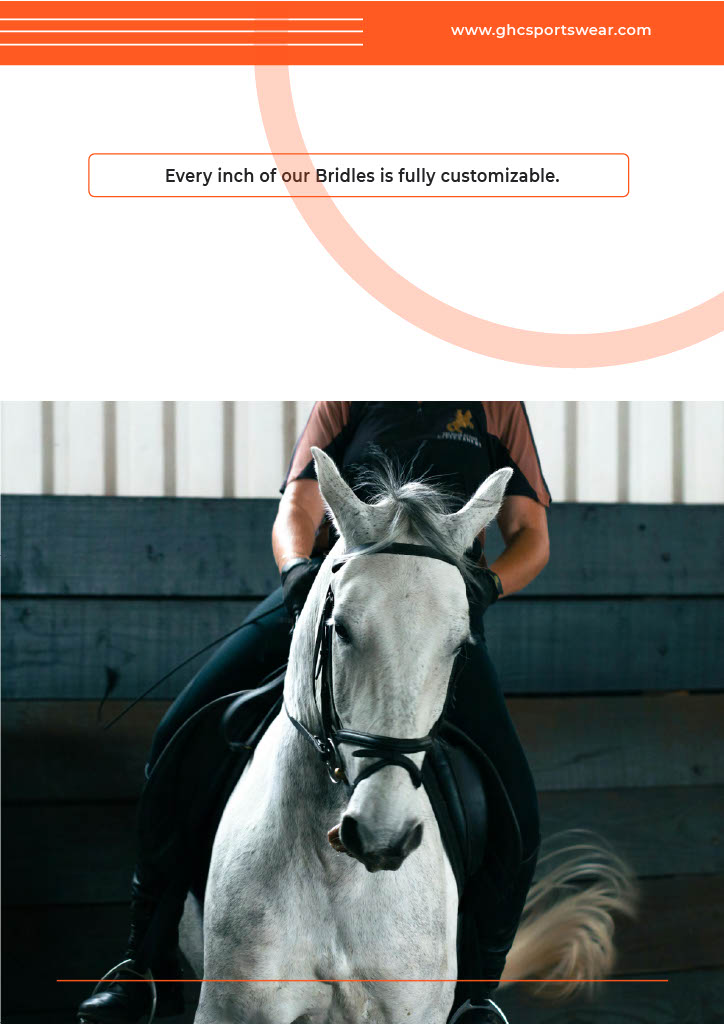 A rider mounted on a white horse wearing a custom black bridle by GHC Sportswear®, photographed indoors under natural light. The image highlights premium bridle craftsmanship with soft leather and polished fittings. The text “Every inch of our Bridles is fully customizable” emphasizes OEM and private-label equestrian gear manufacturing for wholesale distributors and importers.