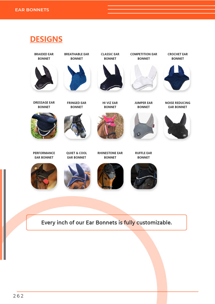 Catalog layout from GHC Sportswear® showing various custom horse ear bonnet designs for OEM and wholesale buyers. Models include braided, breathable, classic, competition, crochet, dressage, fringed, hi-viz, jumper, noise-reducing, performance, quiet & cool, rhinestone, and ruffle ear bonnets. Text reads “Every inch of our Ear Bonnets is fully customizable,” highlighting custom production and branding flexibility for B2B equestrian gear importers and distributors.