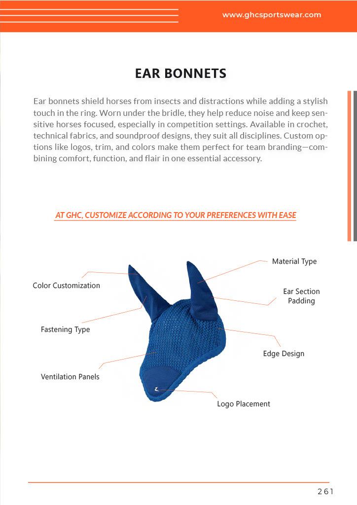 A labeled product display from GHC Sportswear® showing a custom blue horse ear bonnet with detailed customization points including material type, ear padding, ventilation panels, fastening type, edge design, color customization, and logo placement. The layout emphasizes OEM equestrian accessory production and wholesale customization options for B2B equestrian gear buyers.
