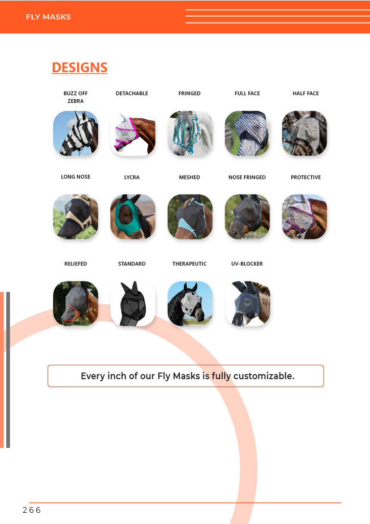 A collection of custom horse fly mask designs by GHC Sportswear®, including styles like Buzz Off Zebra, Detachable, Fringed, Full Face, Lycra, Therapeutic, and UV-Blocker. Each mask demonstrates different coverage and fabric options, representing OEM and private-label equestrian gear manufacturing for wholesale buyers and importers.