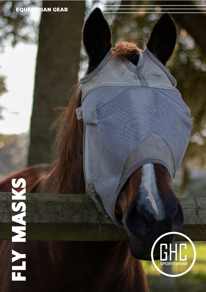 A close-up of a horse wearing a protective mesh fly mask by GHC Sportswear®, designed for equestrian use. The mask provides full face coverage with breathable mesh and soft trim for comfort. The image includes text “EQUESTRIAN GEAR / FLY MASKS” and represents OEM and custom horse fly mask manufacturing for wholesale buyers, retailers, and tack distributors.