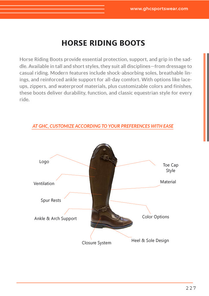 Product diagram of customizable equestrian riding boots by GHC Sportswear®, showing labeled features such as toe cap, heel design, arch support, ventilation, closure system, and logo placement for OEM production.