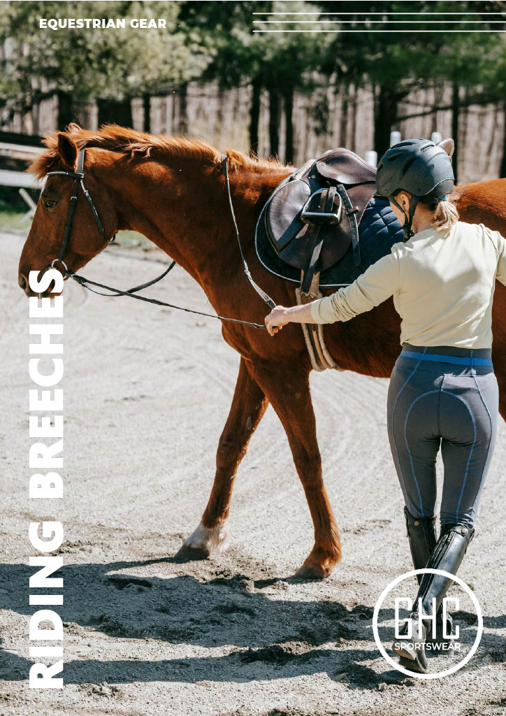 A rider wearing custom GHC Sportswear® horse riding breeches trains a saddled horse in an outdoor arena. The image focuses on custom equestrian apparel designed for comfort, flexibility, and durability. Visible text includes “EQUESTRIAN GEAR” and “RIDING BREECHES,” highlighting wholesale equestrian clothing from a custom manufacturer and exporter serving B2B buyers, riding schools, and tack distributors.