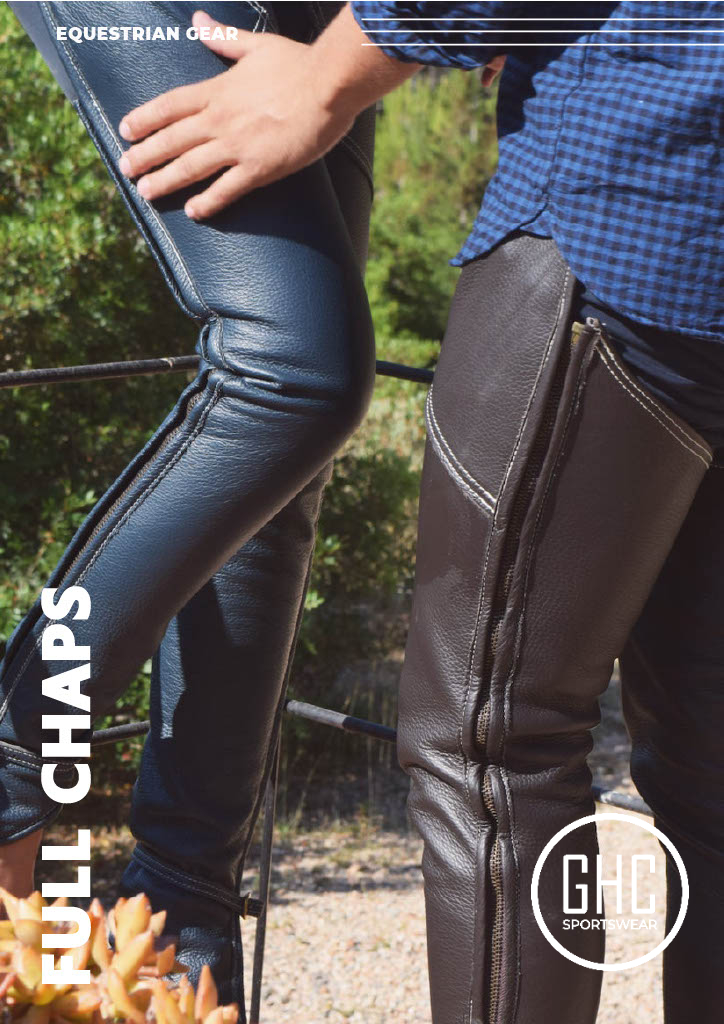 A close-up image showing custom leather full chaps designed by GHC Sportswear®, highlighting premium stitching, zipper detail, and fit. These full-length chaps are ideal for riding protection and comfort, representing OEM equestrian gear manufacturing for wholesale buyers and private-label brands.