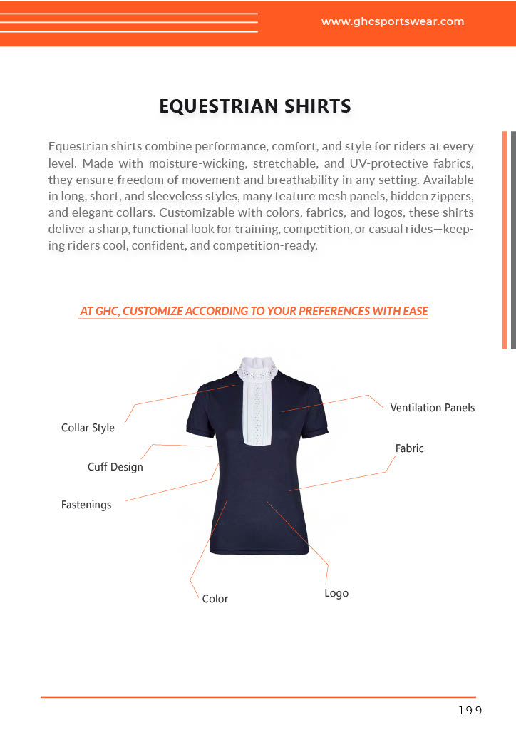 Technical layout of a custom equestrian shirt by GHC Sportswear®, highlighting key customization areas — collar style, cuff design, ventilation panels, logo placement, and fabric selection. Designed for OEM and private-label equestrian apparel manufacturing with performance stretch and moisture-wicking fabrics.