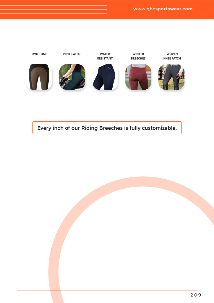 A product display from GHC Sportswear® showing custom horse riding breeches options for OEM and wholesale buyers. Designs include two-tone, ventilated, water-resistant, winter breeches, and woven knee patch variations. The text “Every inch of our Riding Breeches is fully customizable” highlights the company’s complete customization capability for equine apparel distributors, importers, and private label brands.