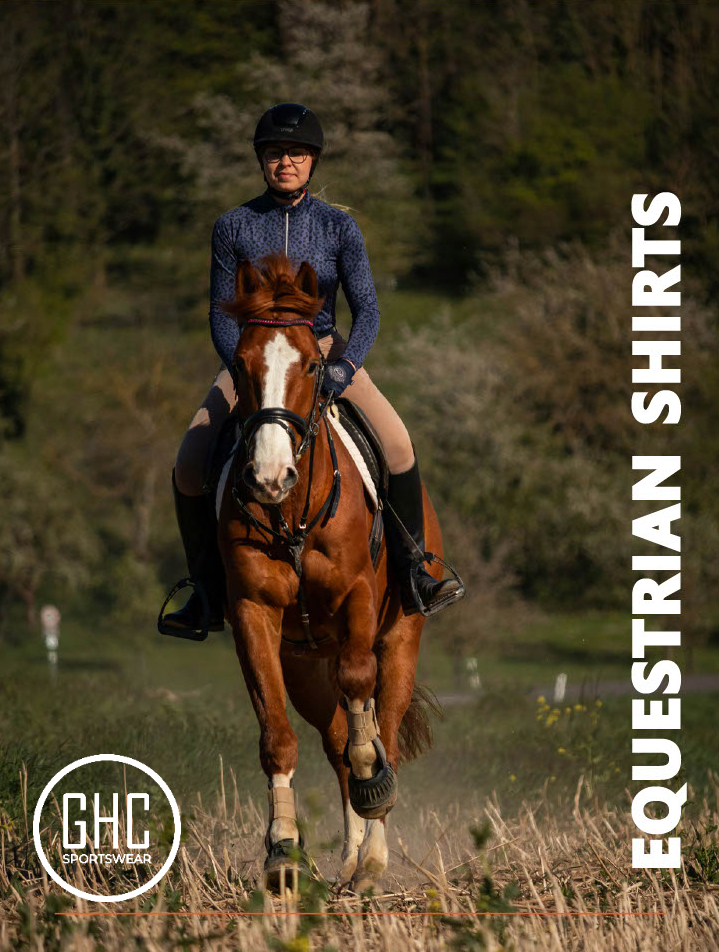 A rider wearing a long-sleeve technical equestrian shirt from GHC Sportswear®, riding outdoors on a chestnut horse. The shirt features a close-fit stretch design for mobility and moisture management. Custom OEM and private-label manufacturing available for global equestrian apparel brands and distributors.