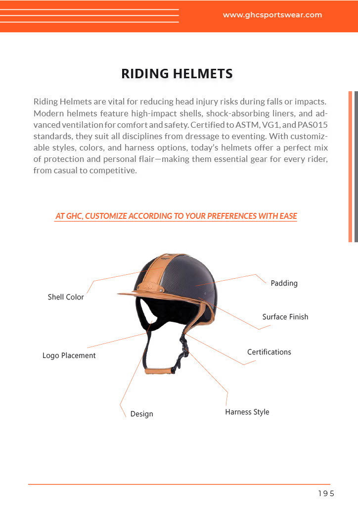 A detailed view of a customizable equestrian riding helmet by GHC Sportswear®, featuring labels for shell color, padding, surface finish, harness style, certifications, and logo placement for OEM helmet production.