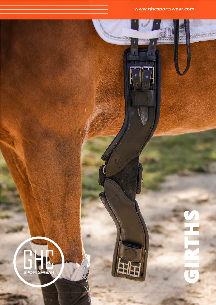 A detailed image of a black anatomical saddle girth fitted on a horse, branded by GHC Sportswear®. The girth features contoured leather construction and precision stitching, designed for OEM and private-label equestrian tack production for wholesale buyers.