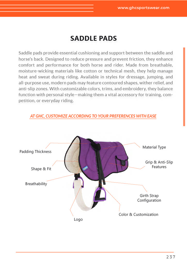 Detailed view of a purple custom saddle pad by GHC Sportswear®, showing labeled customization options like padding thickness, shape and fit, grip features, girth strap, material type, and logo placement for OEM clients.