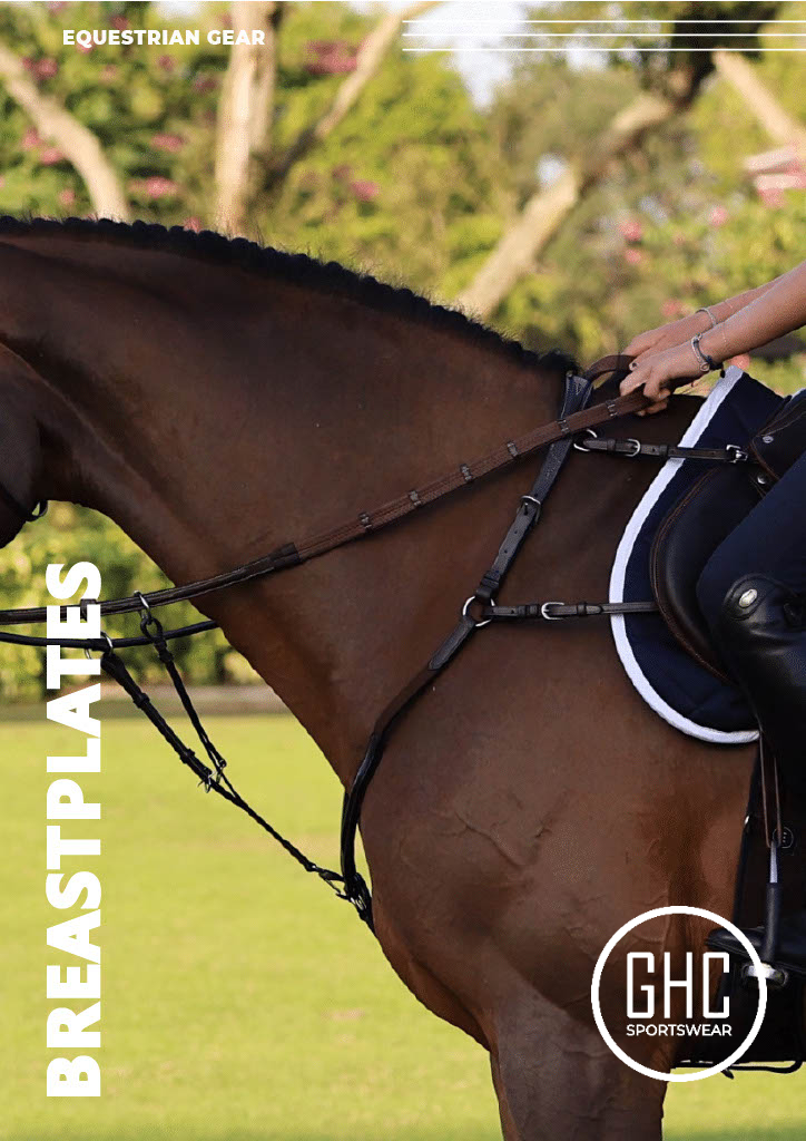 A close-up image of a horse wearing a sturdy custom breastplate, showcasing a sleek black design with a chestnut coat visible. The horse stands against a blurred outdoor background with trees and a fence, featuring text overlays "EQUESTRIAN GEAR" at the top, "BREASTPLATES" vertically on the left, and a circular logo with "GHC Sportswear®" at the bottom right. The focus is on custom wholesale breastplate GHC Sportswear®.