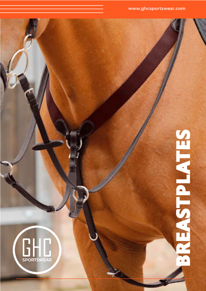 A close-up image of a breastplate highlighting features like reinforced stitching, adjustable straps, and a padded center. The background is a blurred outdoor setting with trees, and text includes "Every part of our breastplates is fully adjustable" with the GHC Sportswear® logo and website. The focus is on custom wholesale breastplate varieties.