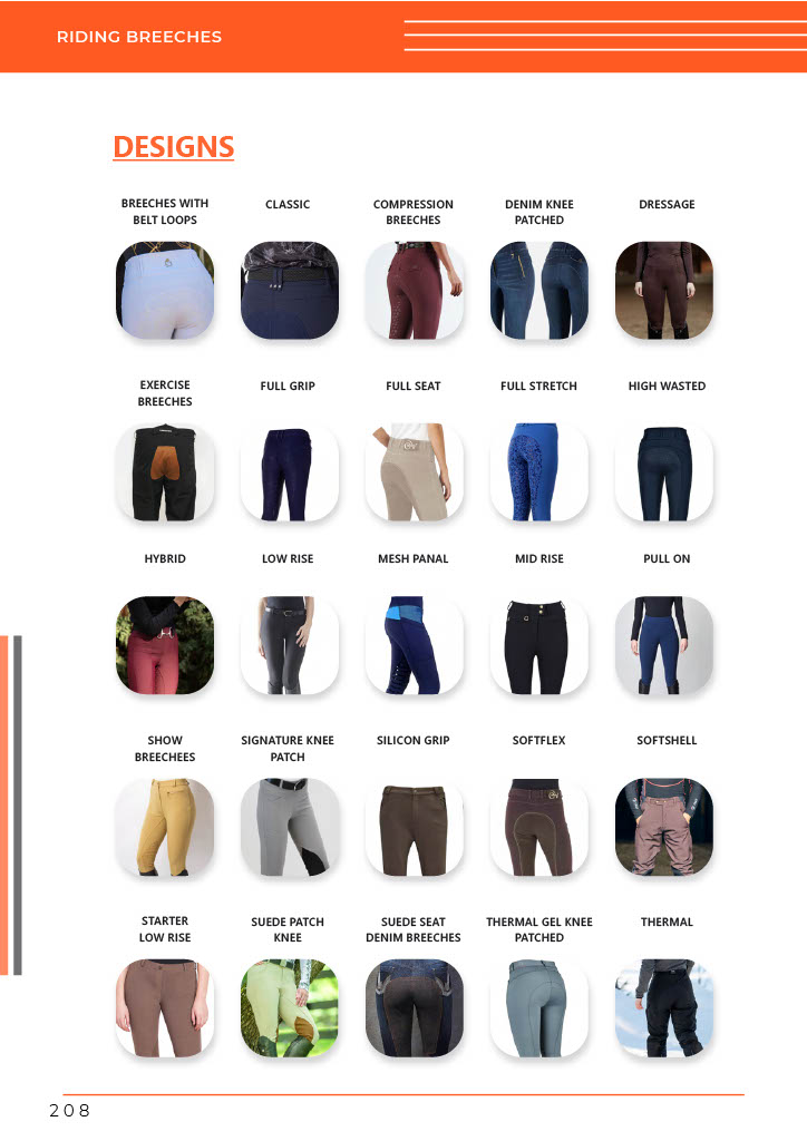 A product catalog page by GHC Sportswear® displaying various custom horse riding breeches designs for wholesale and OEM production. The image shows multiple styles such as compression breeches, denim knee patched, dressage, full grip, softshell, suede patch, and thermal designs. Each model demonstrates different fits, materials, and grip types, illustrating manufacturing variety for equestrian apparel distributors and private label buyers.
