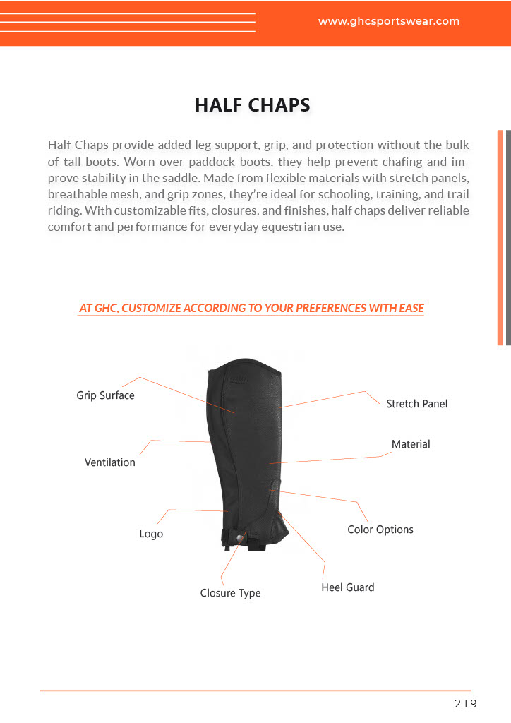 A labeled diagram of GHC Sportswear® customizable half chaps, showing adjustable design features such as grip surface, stretch panel, heel guard, closure type, and logo placement — ideal for OEM equestrian gear production.