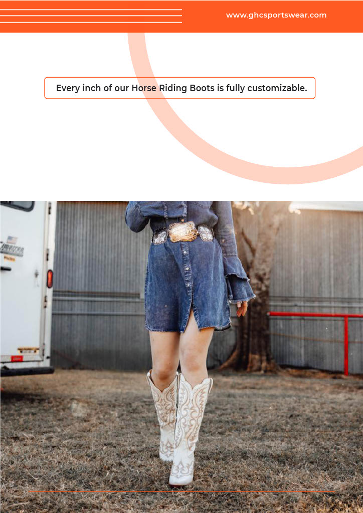 A woman wearing white western horse riding boots by GHC Sportswear®, walking outdoors with the text “Every inch of our Horse Riding Boots is fully customizable.” This image represents private-label equestrian footwear manufacturing.