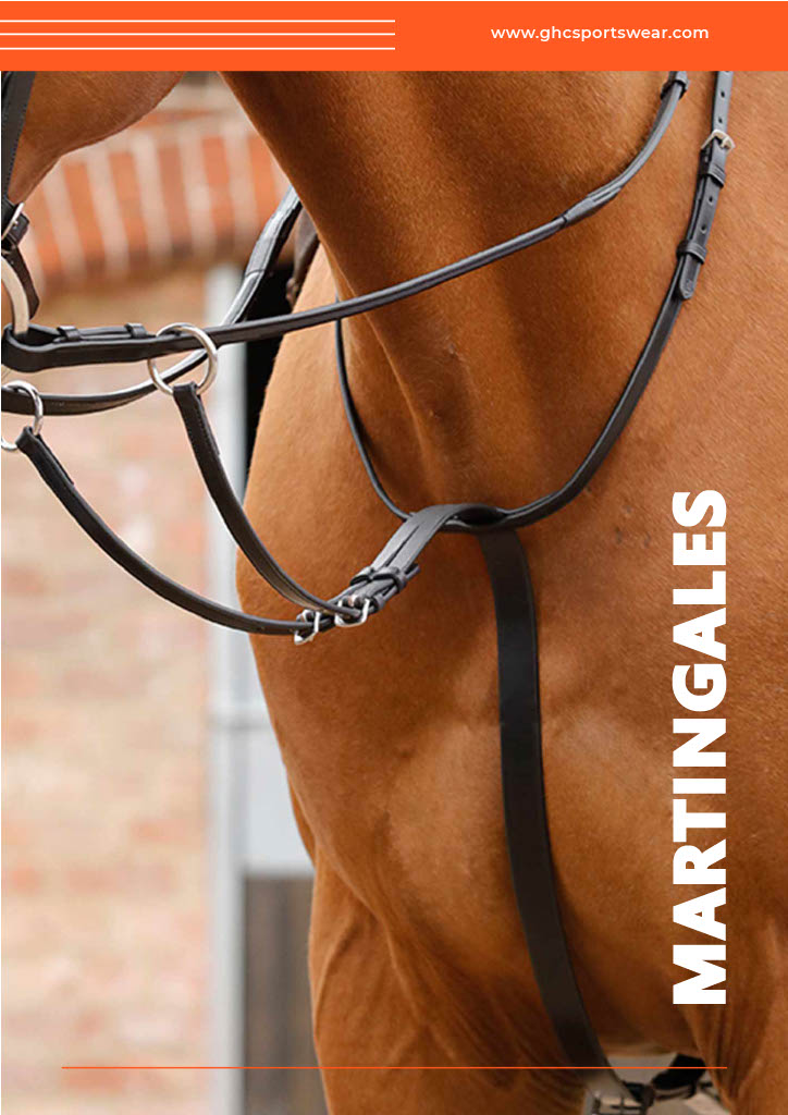 Close-up of a custom leather martingale by GHC Sportswear®, fitted on a horse, showcasing craftsmanship and adjustability with the tagline “Every inch of our Martingales is fully customizable.”
