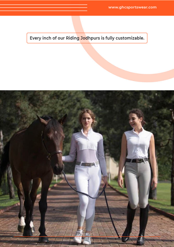 Two riders walking alongside a horse wearing GHC Sportswear® riding jodhpurs, with the text “Every inch of our Riding Jodhpurs is fully customizable,” symbolizing OEM equestrian apparel production.