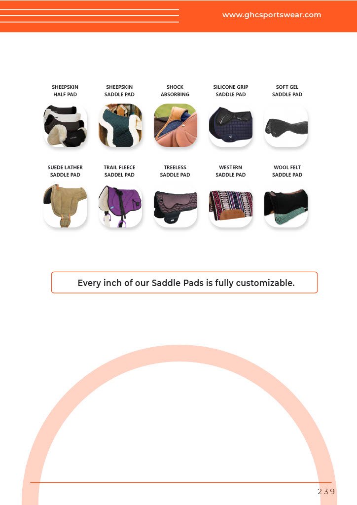 A close-up of GHC Sportswear® saddle pads in multiple styles and colors, featuring the message “Every inch of our Saddle Pads is fully customizable”, symbolizing OEM equestrian gear flexibility.