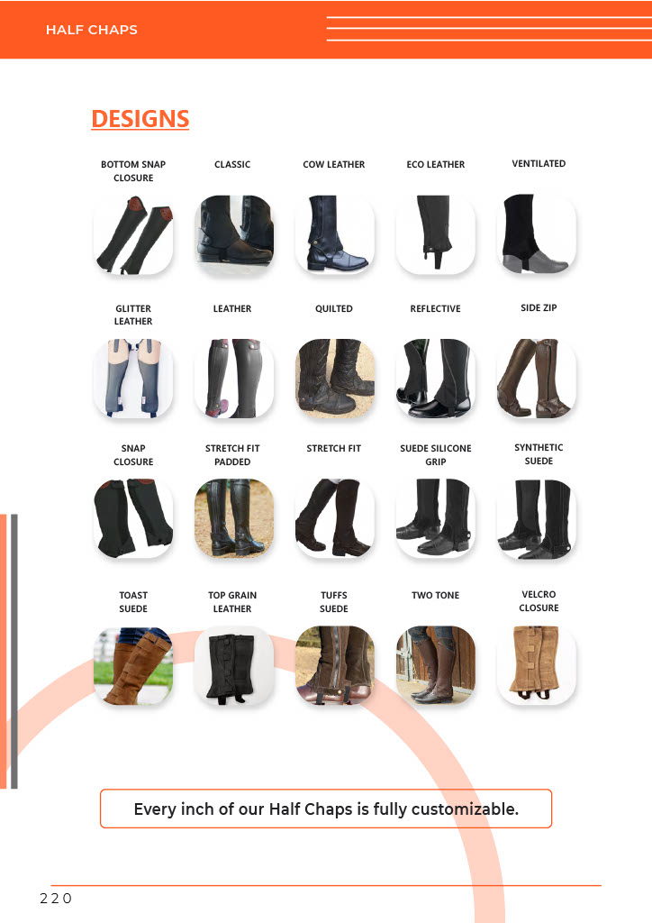 A grid of custom half chap designs by GHC Sportswear®, including classic leather, eco-leather, quilted, reflective, suede, two-tone, and top grain models, each built for OEM and wholesale equestrian buyers.