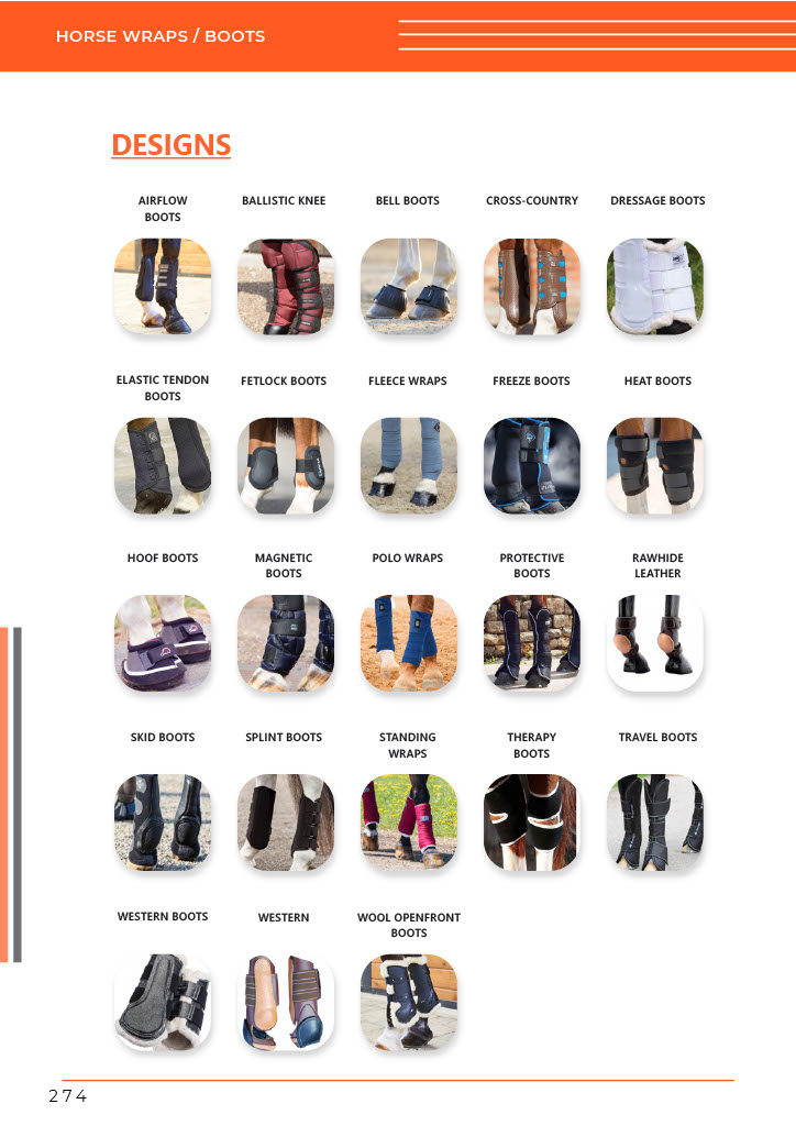 A grid of custom horse boot and wrap designs from GHC Sportswear®, featuring variations such as airflow boots, fetlock boots, polo wraps, splint boots, therapy boots, and western styles, made for OEM and wholesale equestrian buyers.