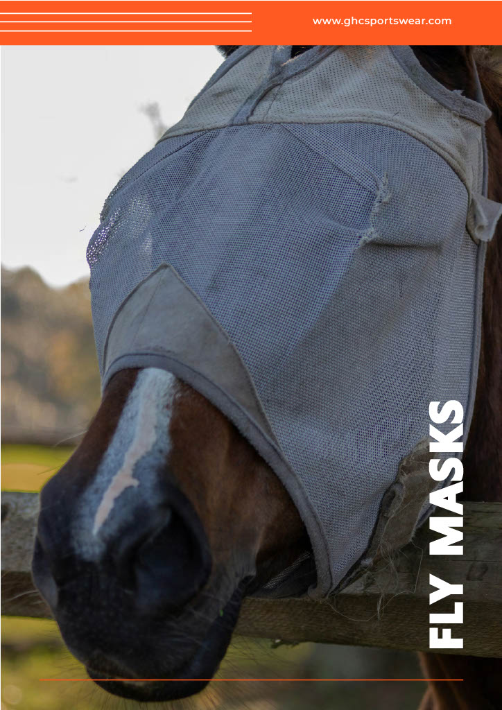 Close-up image of a horse wearing a mesh fly mask designed and produced by GHC Sportswear®. The mask provides full facial protection with breathable fabric and soft trim, helping prevent irritation from insects while maintaining comfort. This image represents custom horse fly mask manufacturing for OEM and wholesale equestrian gear suppliers.