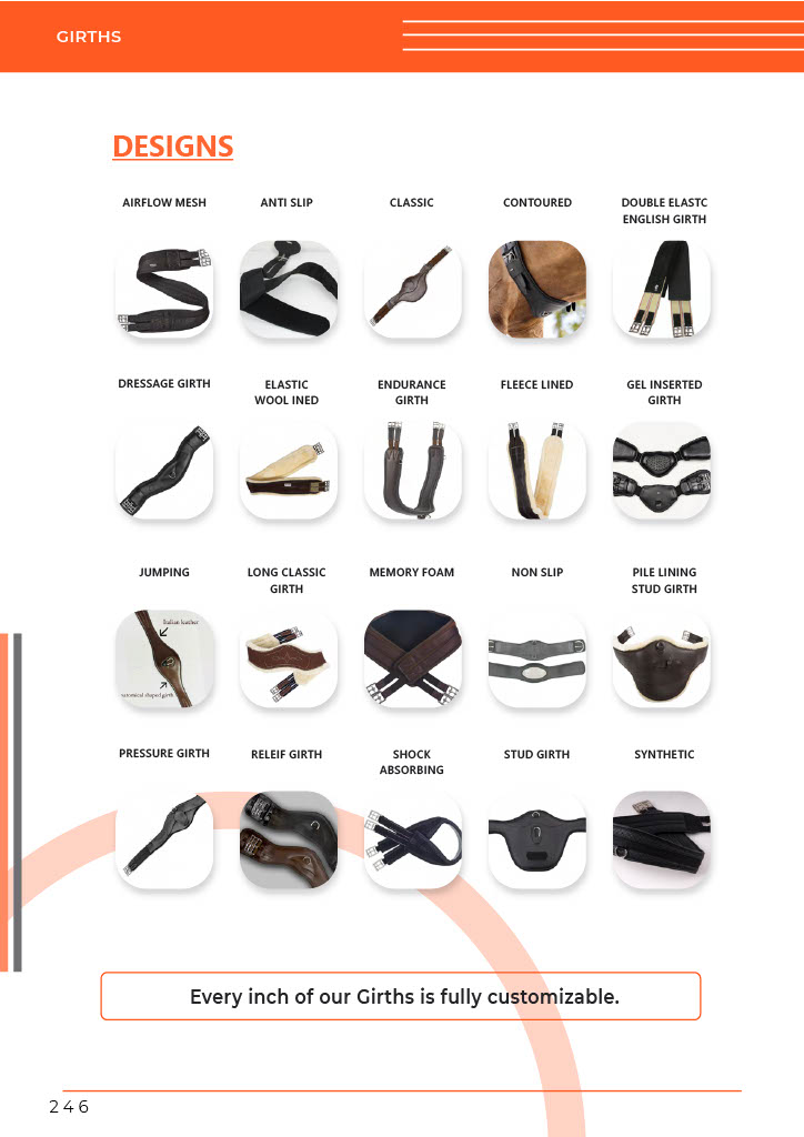 A catalog grid of custom girth designs by GHC Sportswear®, including styles such as airflow mesh, contoured, fleece-lined, memory foam, pressure girth, and stud girth. Each design showcases OEM and wholesale customization options for equestrian gear buyers.