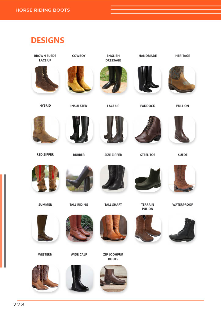 A grid of custom horse riding boot designs by GHC Sportswear®, featuring styles such as dressage boots, cowboy, paddock, waterproof, and zip Jodhpur boots, all made for OEM equestrian gear production.
