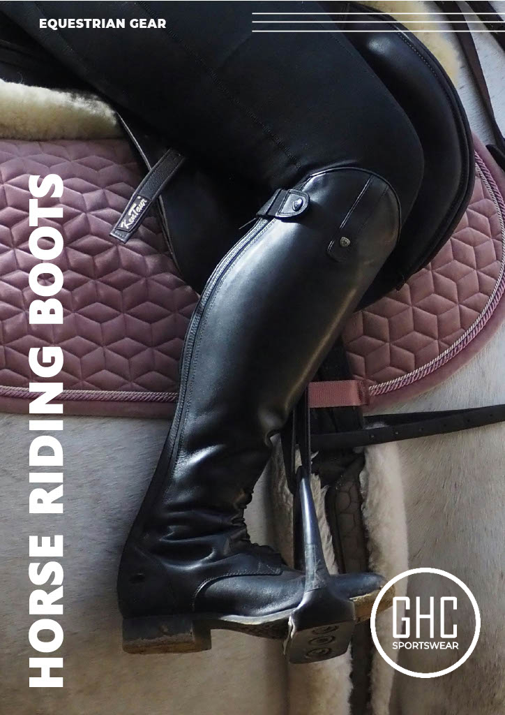 A close-up of a rider’s leg wearing black leather horse riding boots by GHC Sportswear®, showing premium equestrian craftsmanship and saddle grip — ideal for OEM equestrian boot production.