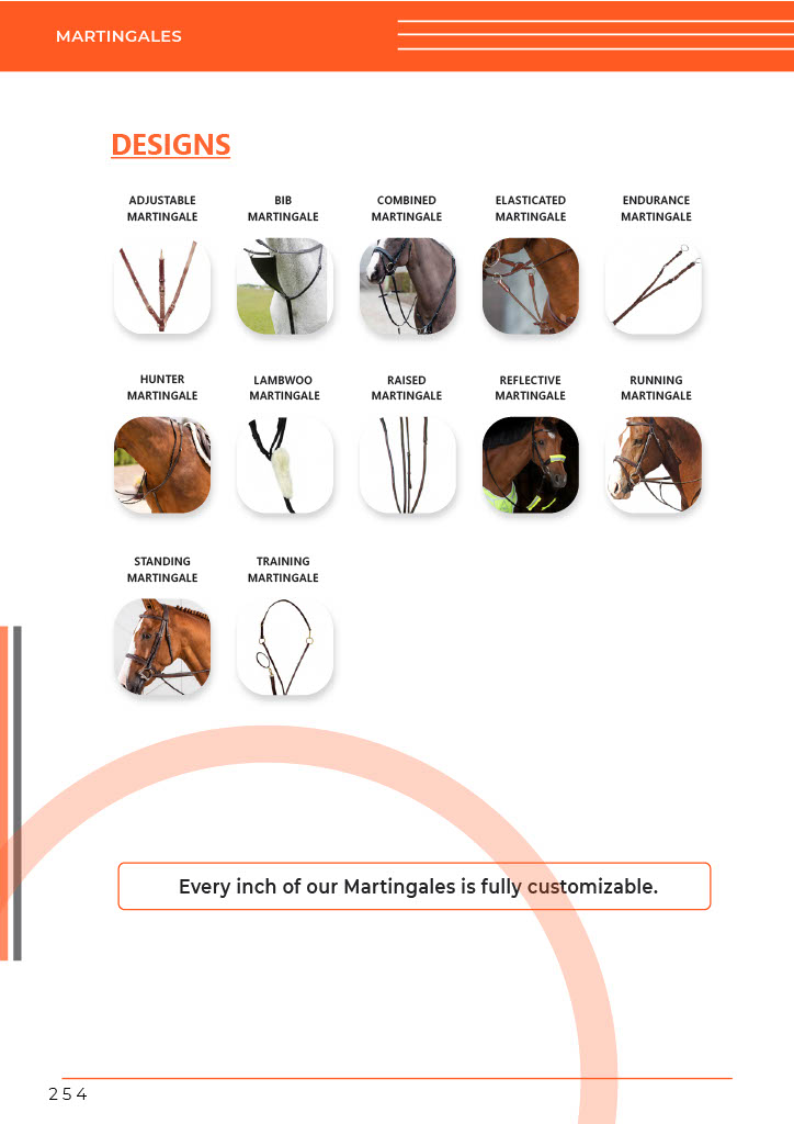 A grid of GHC Sportswear® martingale designs, including adjustable, bib, raised, elasticated, and running styles, created for OEM and wholesale equestrian buyers.