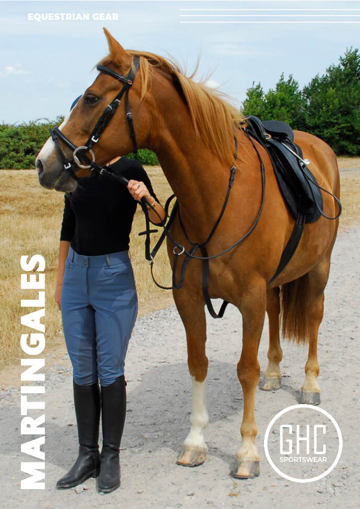 A rider standing beside a horse fitted with a GHC Sportswear® martingale and bridle set, showcasing premium equestrian control gear designed for OEM and private-label tack manufacturing.