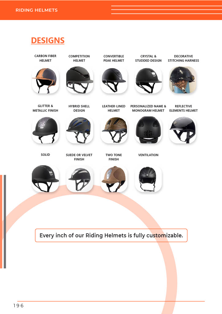 A collection of GHC Sportswear® riding helmet designs, including competition, hybrid shell, leather-lined, and crystal-studded styles, showcasing variety for OEM equestrian helmet production.