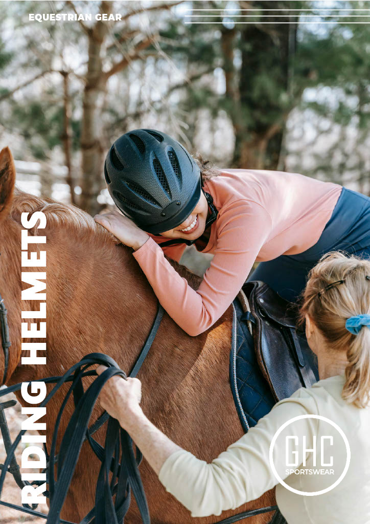 A smiling rider wearing a GHC Sportswear® black equestrian riding helmet while mounted on a horse, representing comfort, safety, and modern OEM helmet design for equestrian brands.