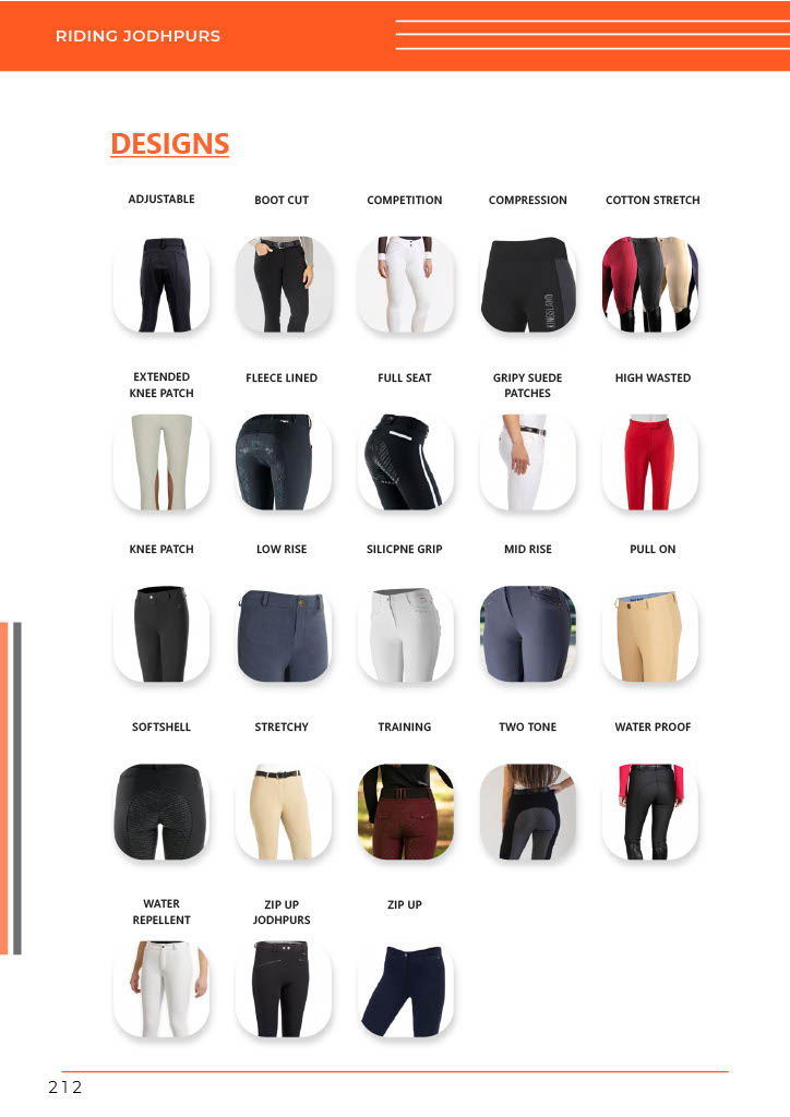 A grid of riding jodhpur designs by GHC Sportswear®, featuring styles such as competition, full seat, compression, fleece lined, waterproof, and two-tone jodhpurs, designed for OEM and wholesale equestrian markets.