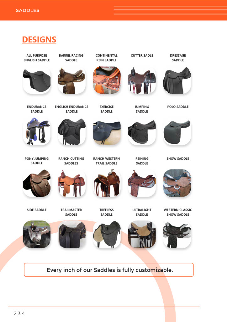 A collection of GHC Sportswear® saddle designs, including English, Western, Dressage, Trail, Jumping, and Treeless saddles, available for OEM and private-label manufacturing.