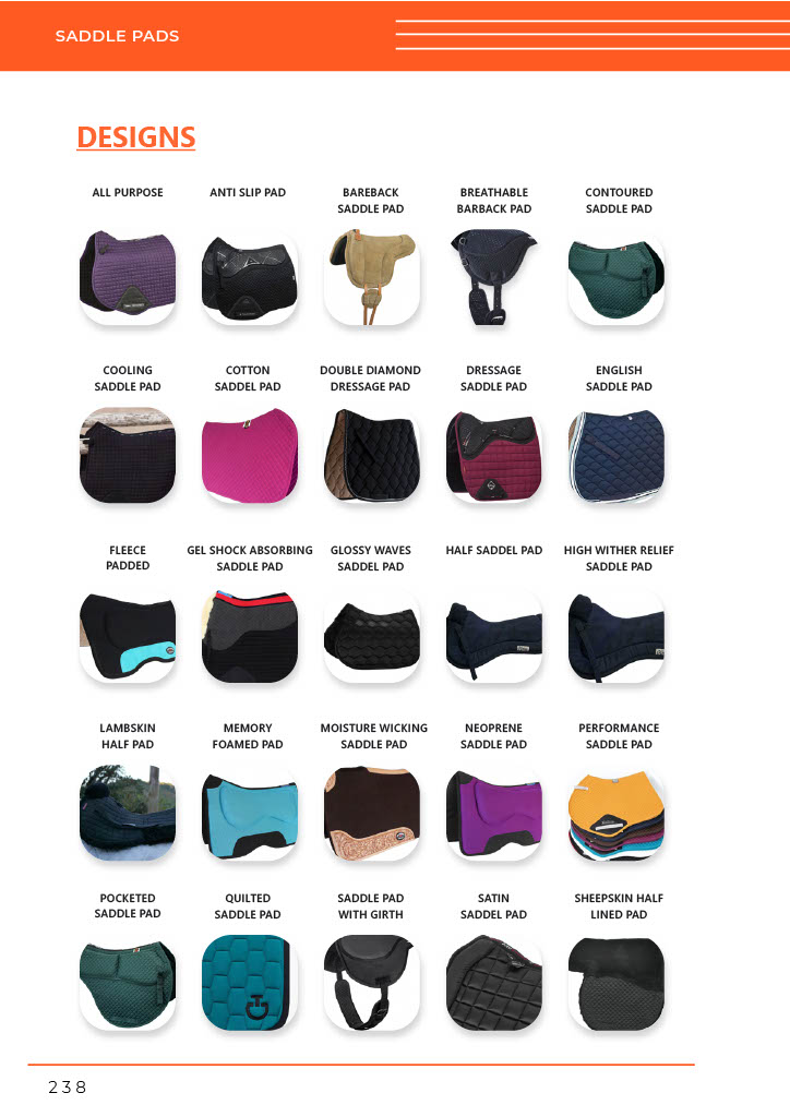 A grid of GHC Sportswear® saddle pad designs, including cotton, gel, fleece, quilted, moisture-wicking, and performance pads, tailored for OEM and private-label equestrian brands.