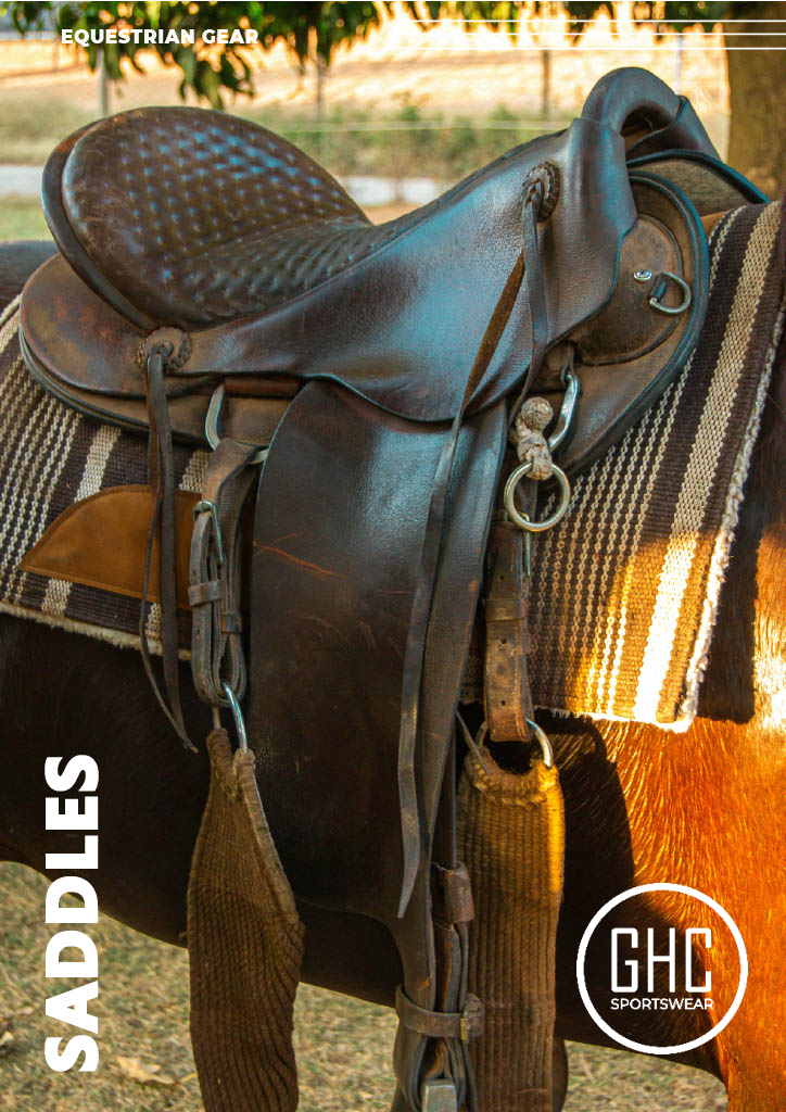 Close-up of a handcrafted brown equestrian saddle by GHC Sportswear®, fitted on a horse, representing premium OEM saddle manufacturing for English and Western disciplines.