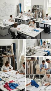 “B2B apparel product development process showing designers creating patterns and prototypes with fabric samples and tools.”