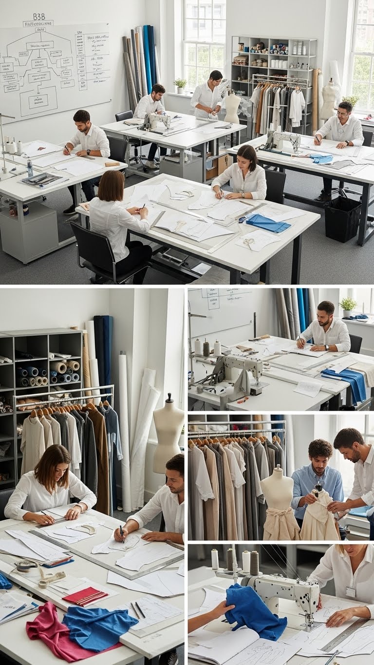 “B2B apparel product development process showing designers creating patterns and prototypes with fabric samples and tools.”