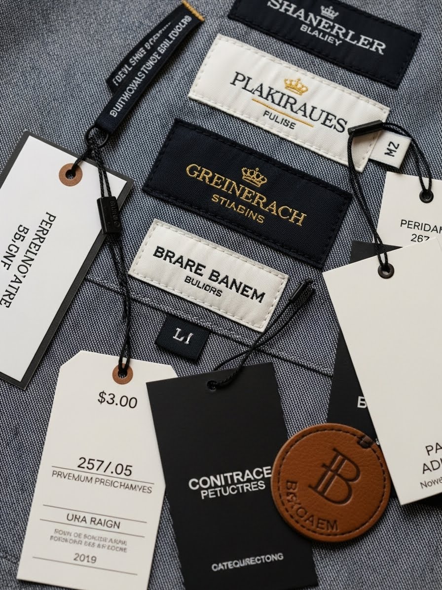 Garment branding with labels and hang tags applied