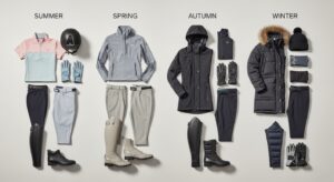 Seasonal equestrian gear checklist showing riding apparel for all four seasons