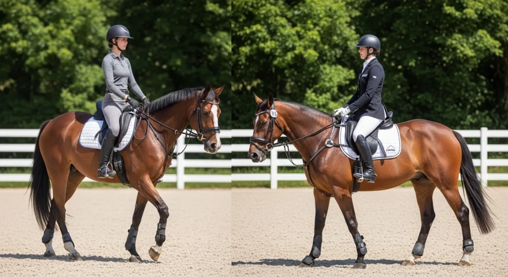Comparison between everyday riding apparel and formal competition equestrian gear