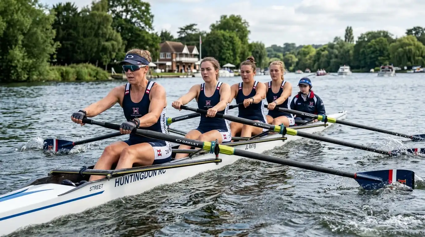Professional rowing athletes wearing high-performance rowing uniforms during training