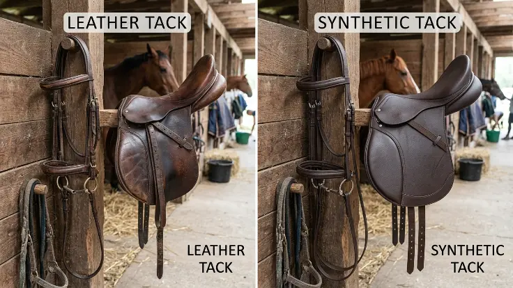 leather vs synthetic horse tack comparison showing material differences