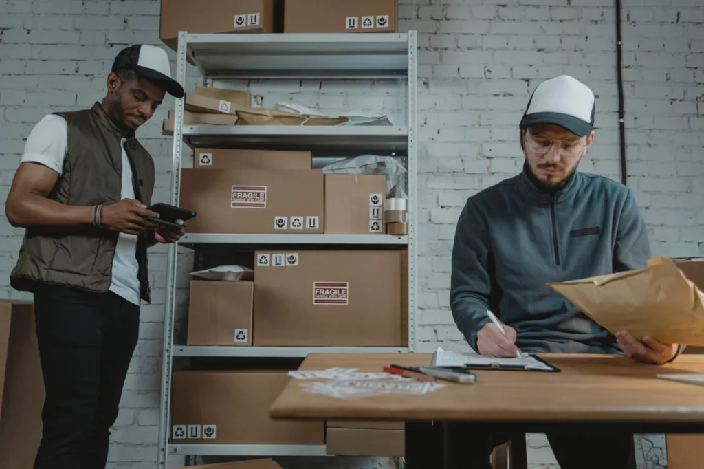 Apparel order fulfillment process with purchase-order verification, product sorting, barcode scanning, private label packing, carton control and dispatch documentation.