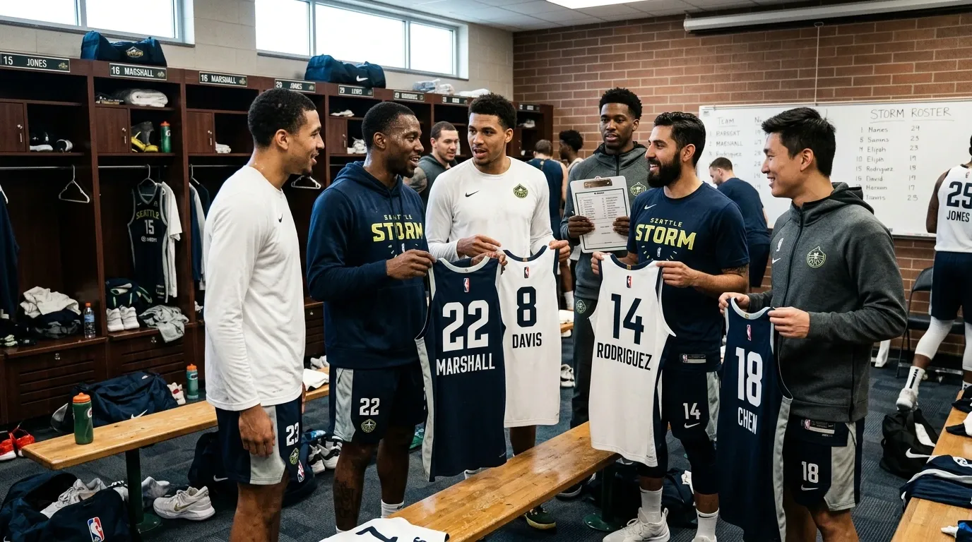 Players discussing jersey numbers before team uniform distribution