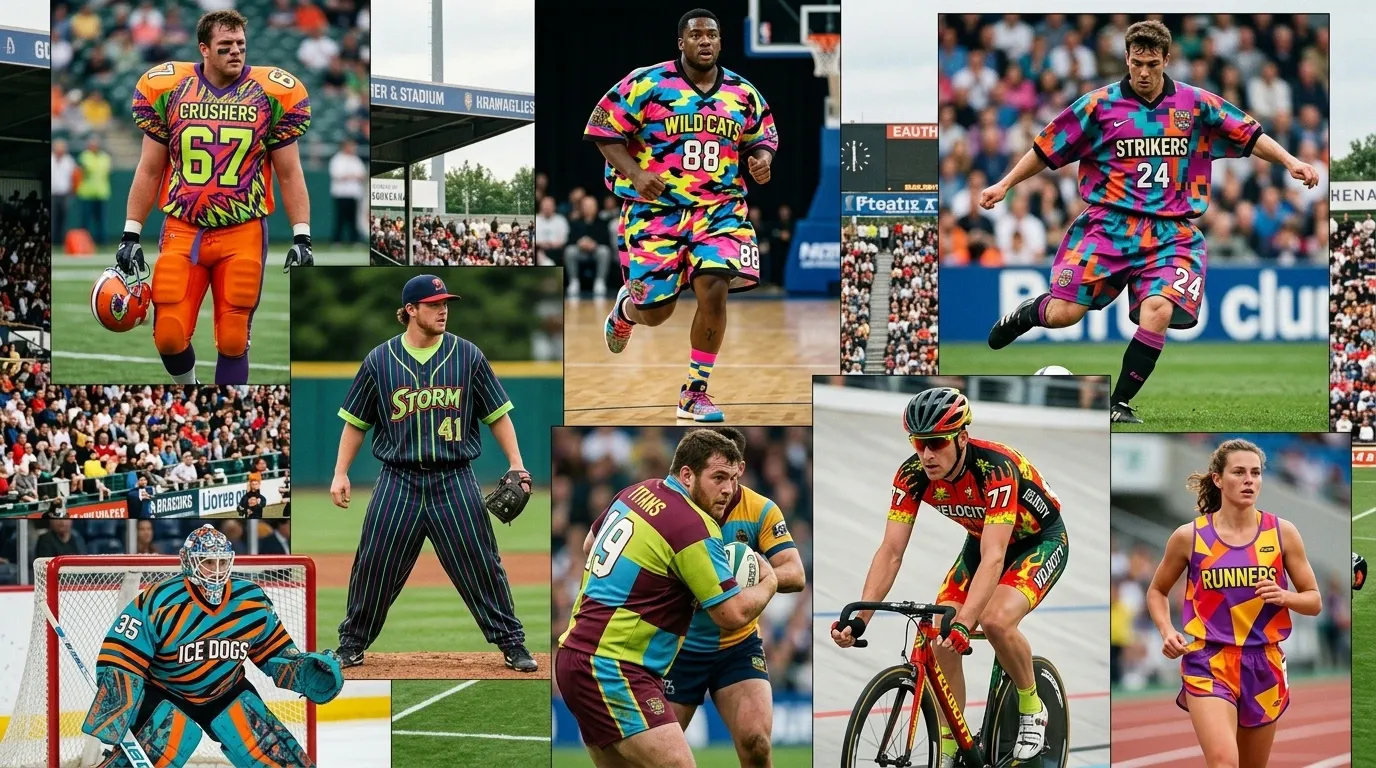Examples of poorly designed sports uniforms with bad colors and fit
