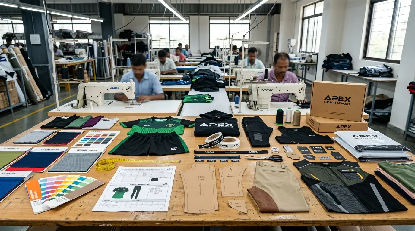 custom apparel manufacturing guide showing fabrics samples labels and garments